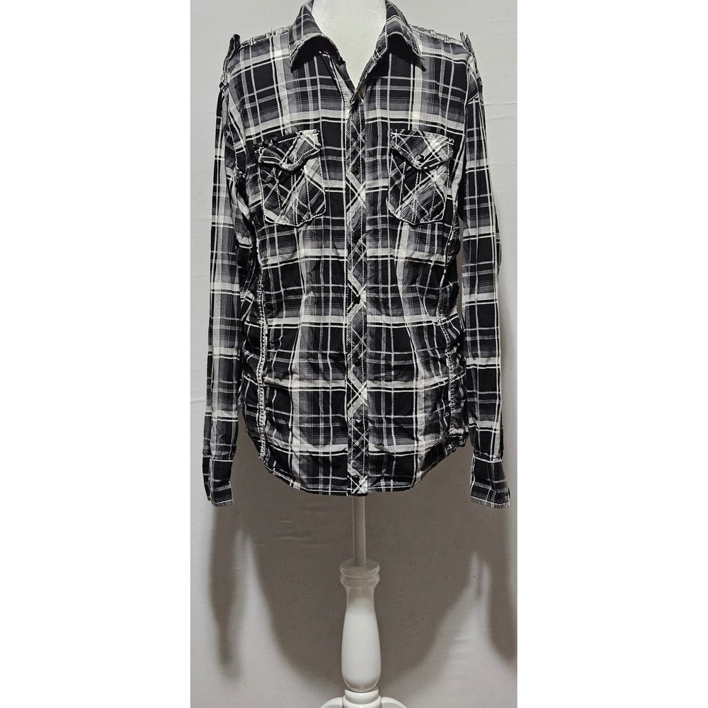 Buckle Black Label Mens Large Athletic Fit Plaid Studded Button Down Shirt Black